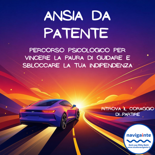 Automobile che viaggia verso il sole all’alba per il percorso psicologico Ansia da patente per vincere la paura di guidare e sbloccare la tua indipendenza Dott.ssa Milly Batti Studio Navigante