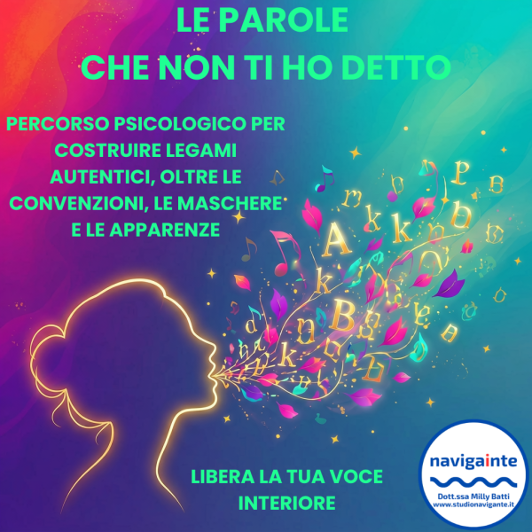 Profilo di una donna che soffia lettere dell’alfabeto colorate per il percorso psicologico Le parole che non ti ho detto per costruire legami autentici, oltre le convenzioni, le maschere e le apparenze Dott.ssa Milly Batti Studio Navigante