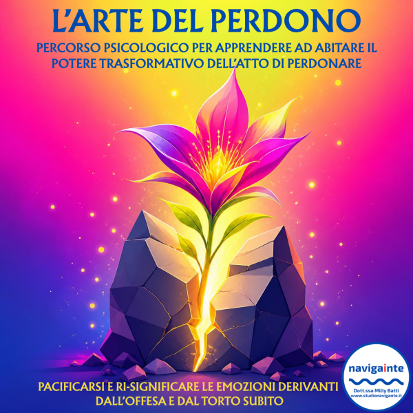 Fiore luminoso rosa e viola che sboccia da una roccia spaccata per il percorso psicologico L’Arte del Perdono per apprendere ad abitare il potere trasformativo dell’atto di perdonare Dott.ssa Milly Batti Studio Navigante