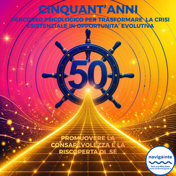Timone di una nave blu con il numero 50 per il percorso psicologico Cinquant’anni per trasformare la crisi esistenziale in opportunità evolutiva Dott.ssa Milly Batti Studio Navigante